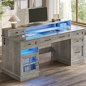 Farmhouse Executive Desk with Drawers LED Lights Power Outlet Storage