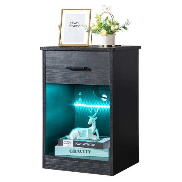 Modern LED Bedside Table with Drawer and USB Charging Black