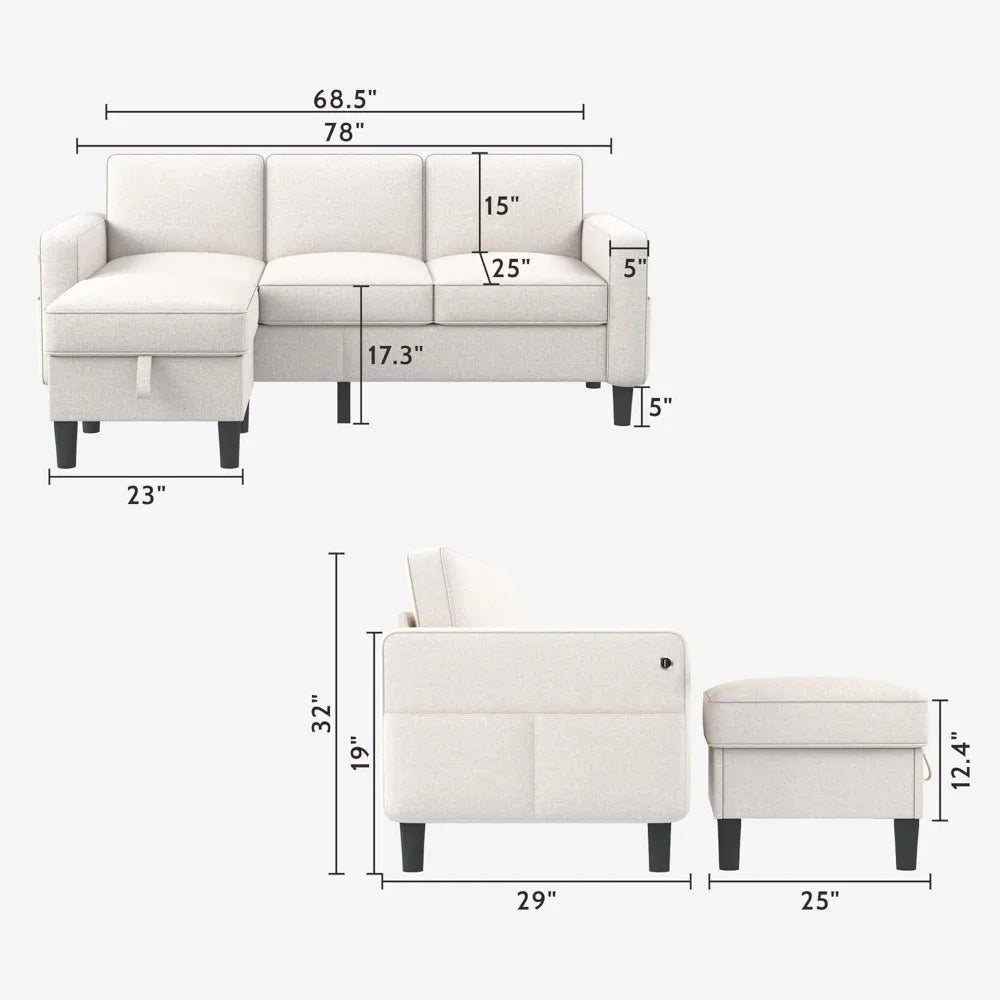 Ljustra Sectional Couch with Storage USB Charging for Living Room
