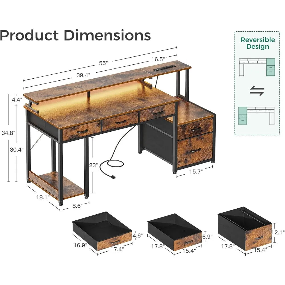 55 Inch Computer Desk with Drawers LED Lights Monitor Stand Storage