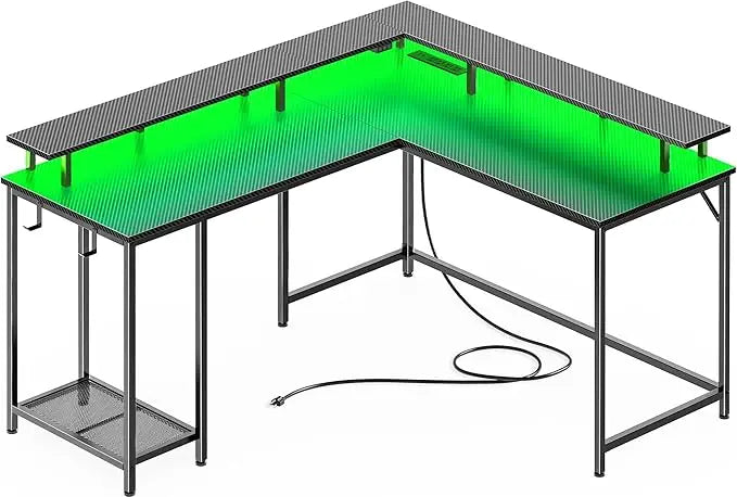 L Shaped Gaming Desk with LED Lights Power Outlets Modern Design