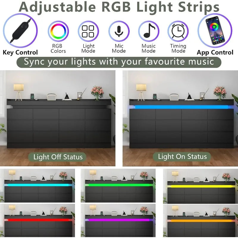 12 Drawer Dresser with LED Light and Power Outlet Modern Storage Solution