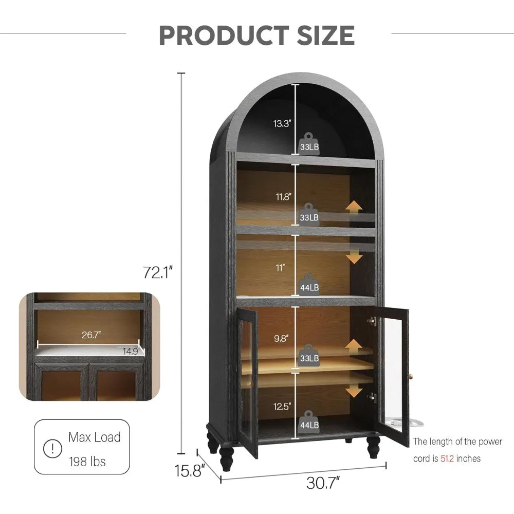 72 Inch Arched Bar Cabinet with Power Outlet Adjustable Shelves Wine Storage