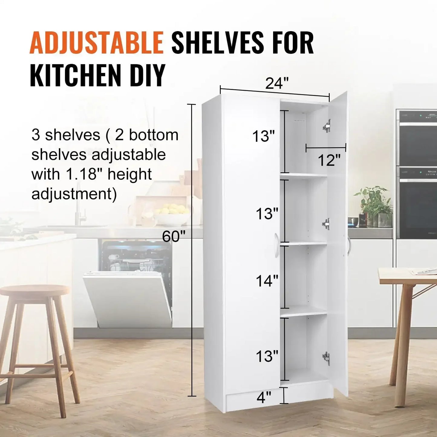Kitchen Pantry Cabinet 60 Inch Tall Food Storage Cabinet 110LB Capacity