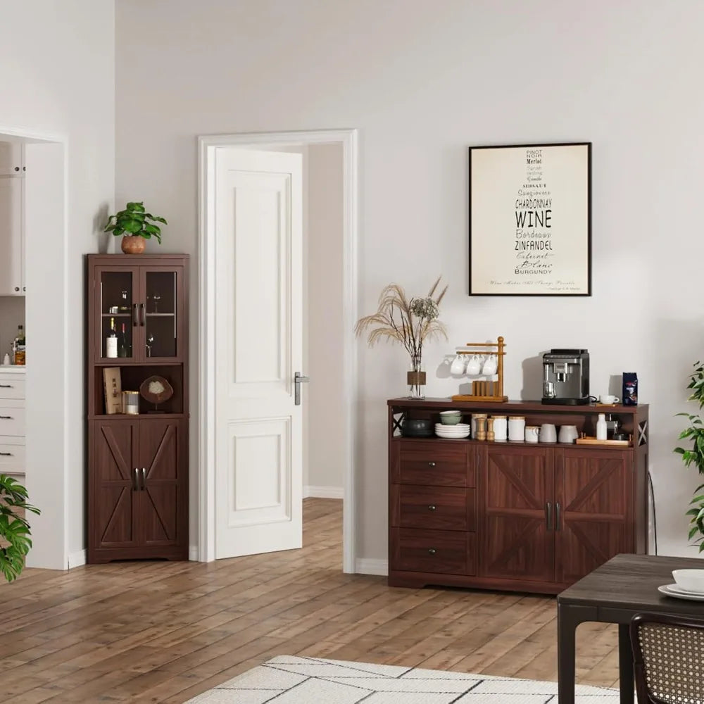 47 Inch Dark Brown Farmhouse Storage Cabinet with Barn Doors and Drawers
