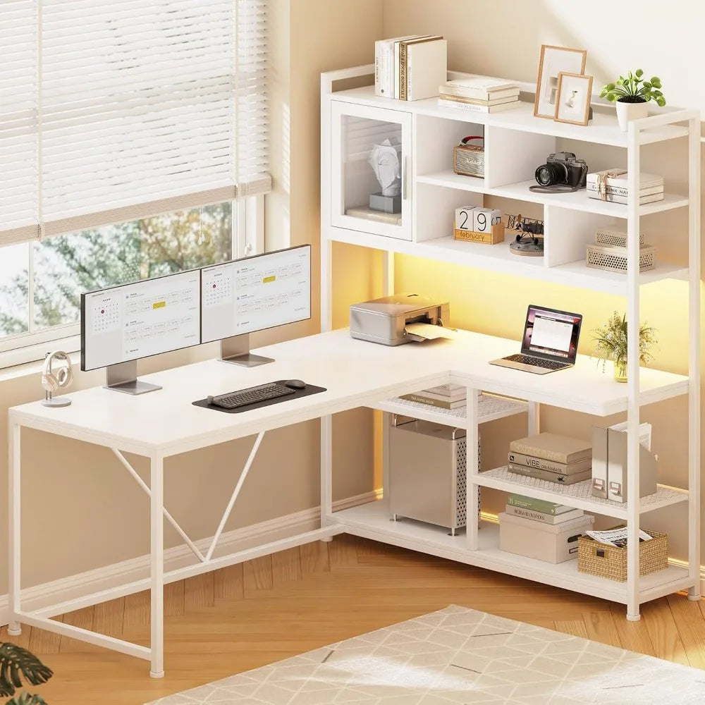 L Shaped Computer Desk with LED Light and Bookshelf for Home Office