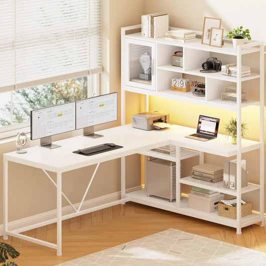 L Shaped Computer Desk with LED Light and Bookshelf for Home Office