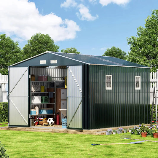 10X12 Outdoor Steel Storage Shed Lockable Doors Windows Transparent Roof
