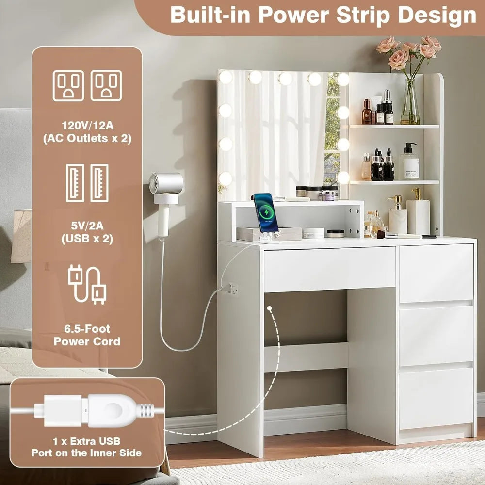 Makeup Vanity Desk with LED Light Power Outlet Storage Chair Set