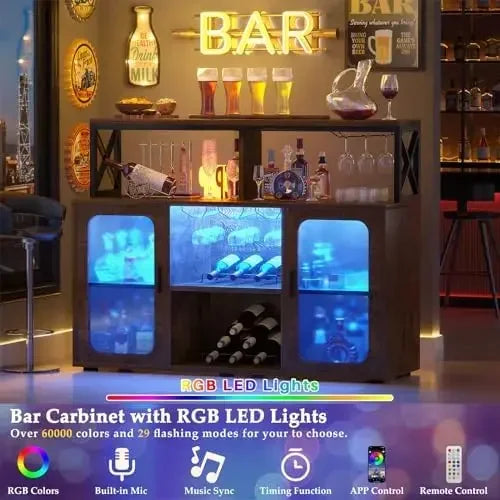 Ljustra Bar Cabinet with Power Outlets LED Lights Wine Storage Rustic Brown