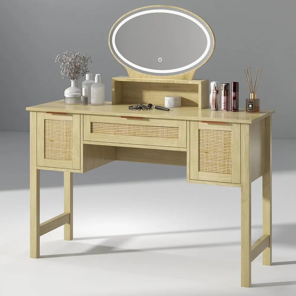 Rattan Vanity Desk with Mirror and Lights 47 Inch Boho Makeup Table
