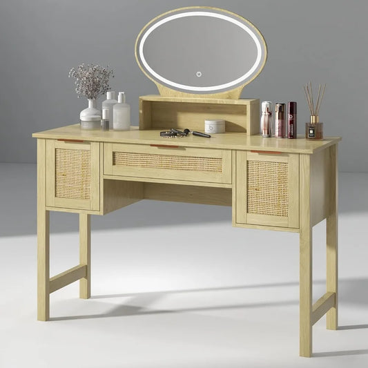 Rattan Vanity Desk with Mirror and Lights 47 Inch Boho Makeup Table