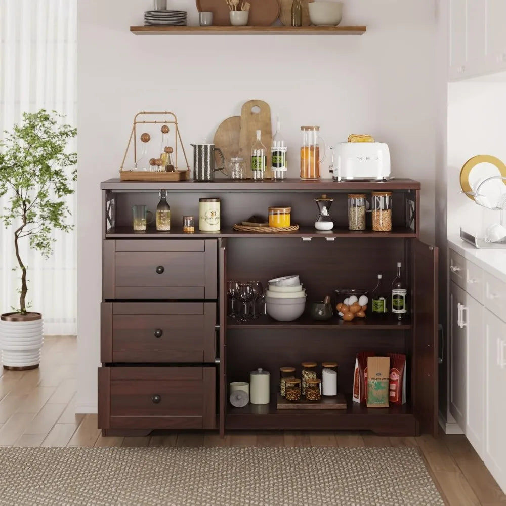 47 Inch Dark Brown Farmhouse Storage Cabinet with Barn Doors and Drawers