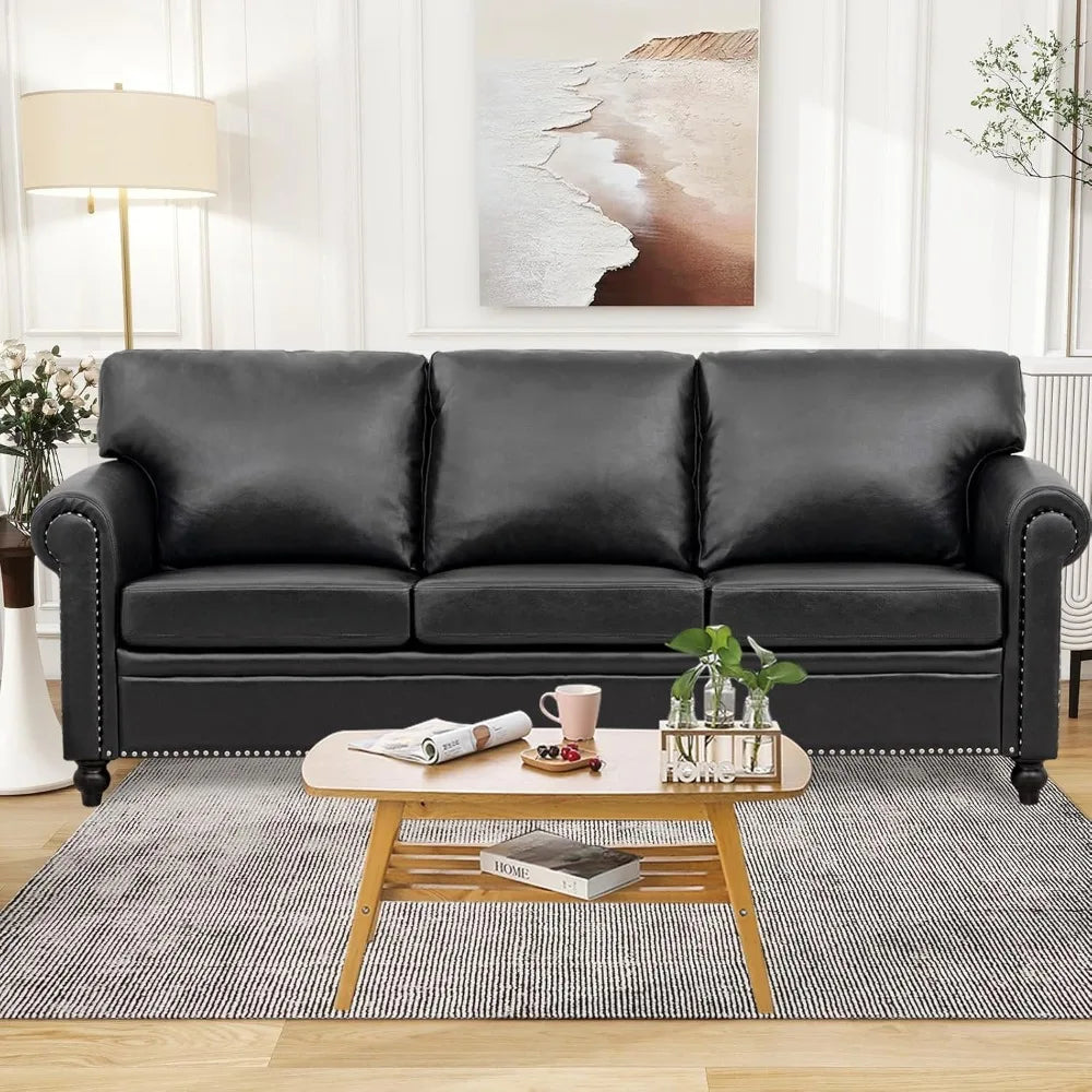 Ljustra Black Faux Leather 3-Seater Office Couch Modern Sofa