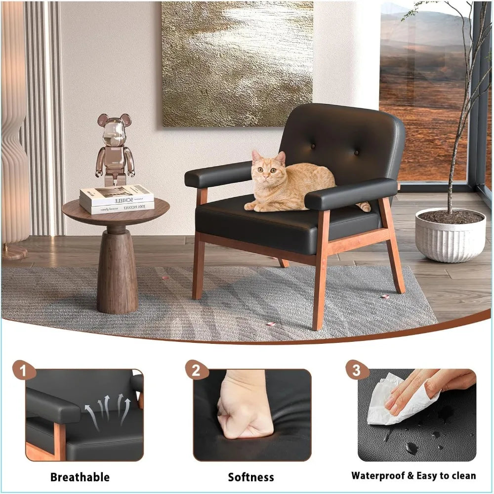 Black Leather Accent Chairs Mid Century Modern Set of 2 for Office Living