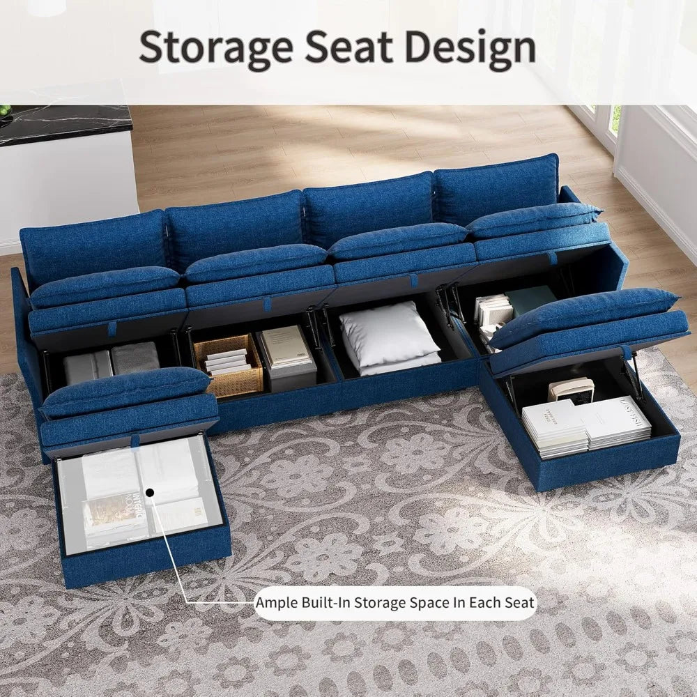 115” U-Shaped Modular Sofa Blue Sectional w/ Storage 6-Person Seating