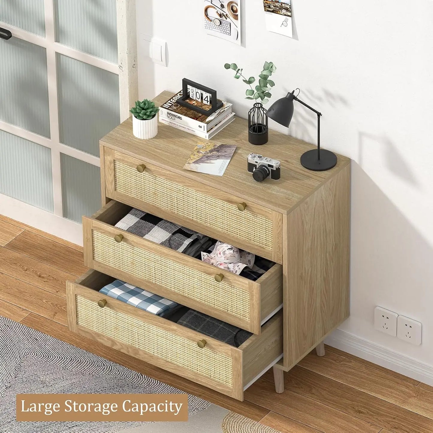 3 Drawer Dresser Rattan Chest of Drawers Modern Storage for Bedroom