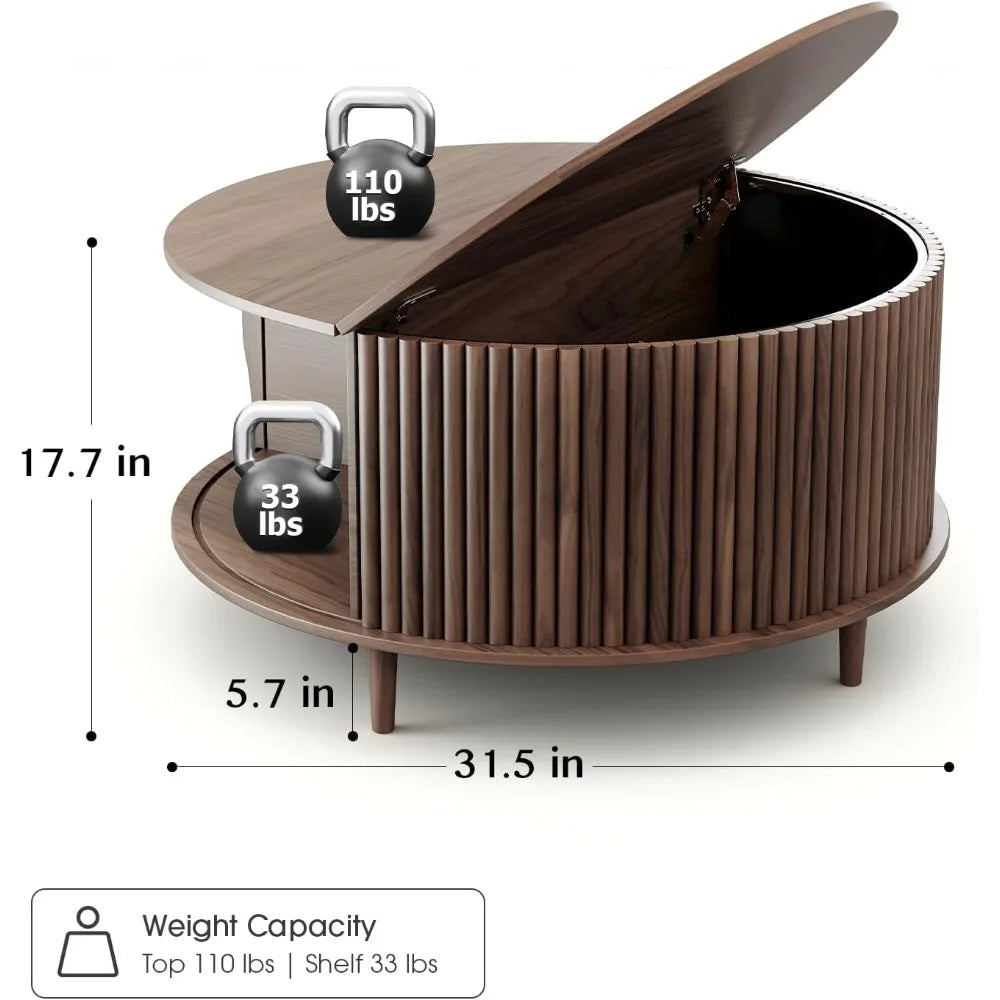 Round Coffee Table with Storage Fluted Design Small Center Table