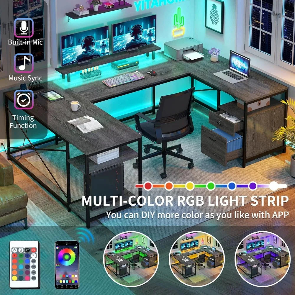 U Shaped Desk with Power Outlets LED Lights Reversible L Shaped Desk