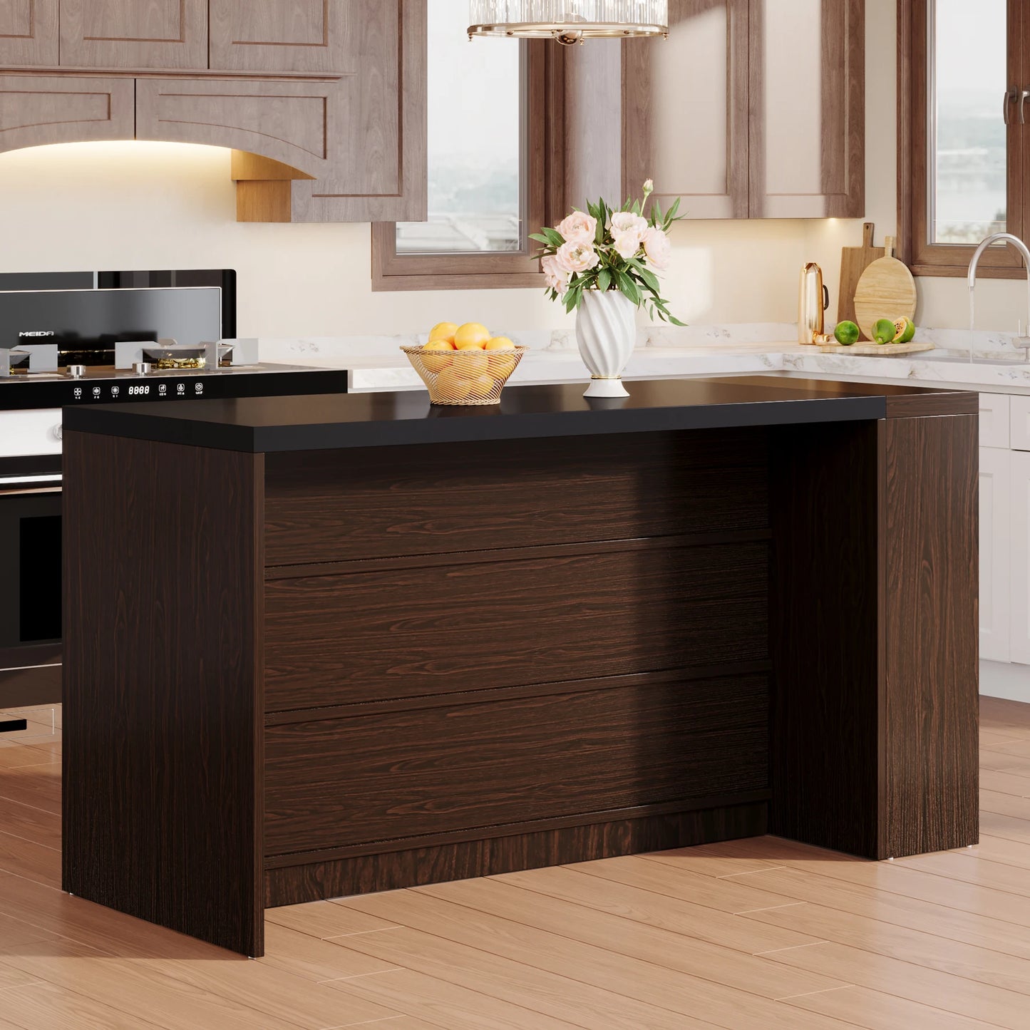 Ljustra 55 Inch Kitchen Island Table with Storage Farmhouse Style