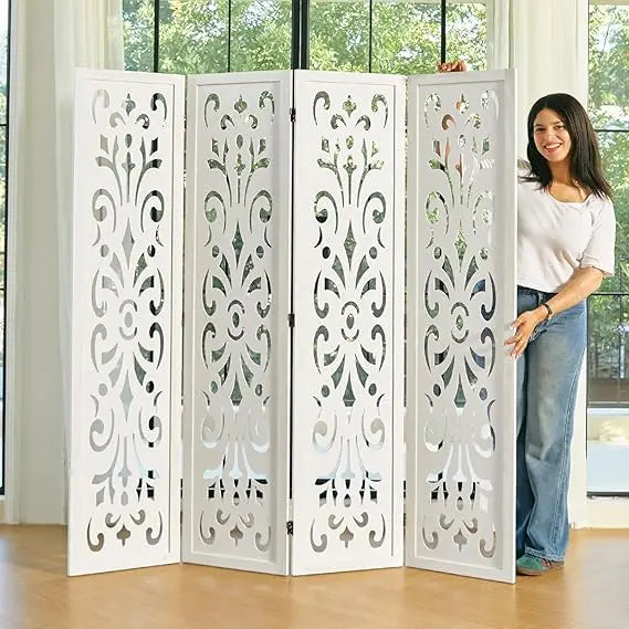5.6Ft Room Divider Folding Wood Carved Partition Screen 4 Panels