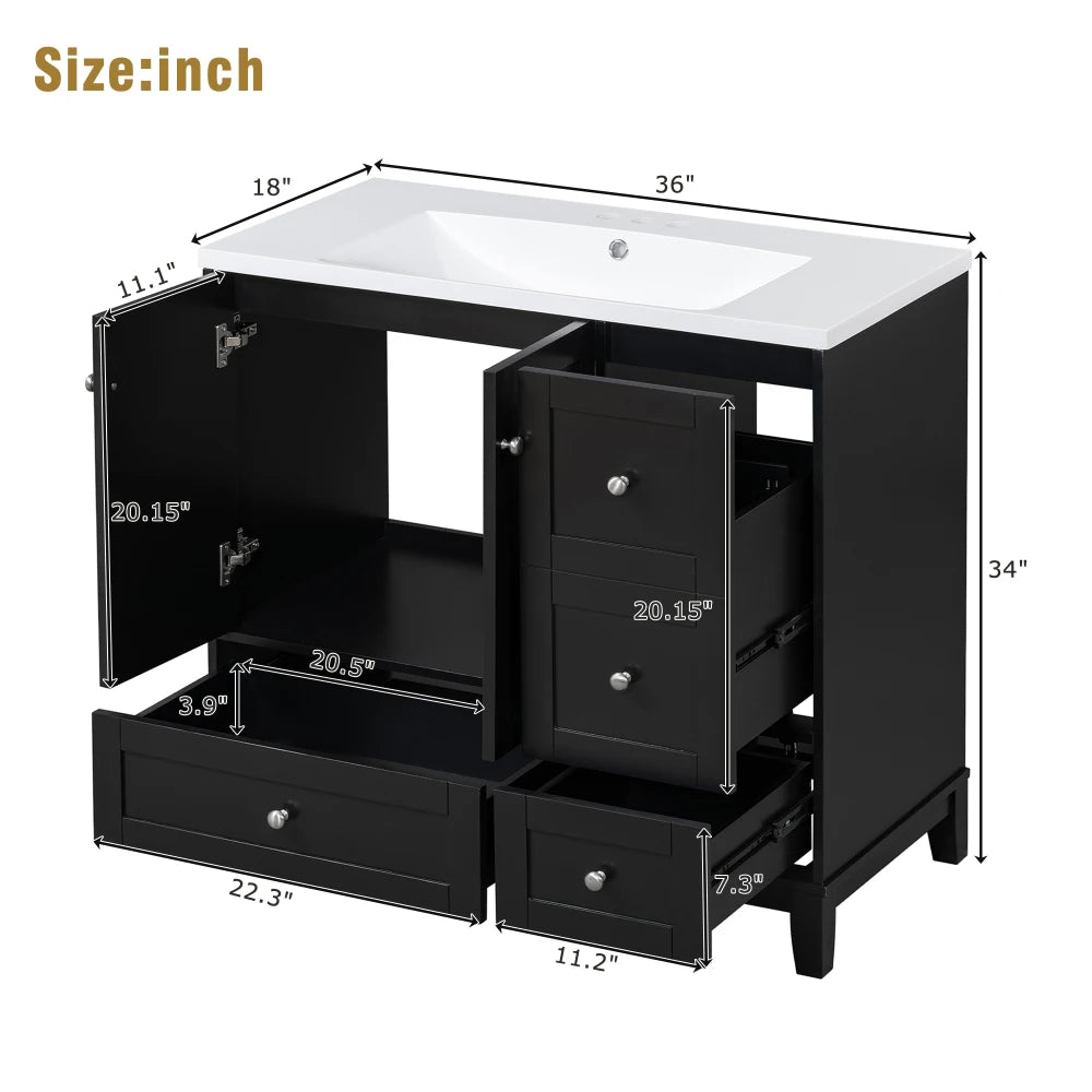 36 Inch Modern Bathroom Vanity with USB Charging and Ample Storage