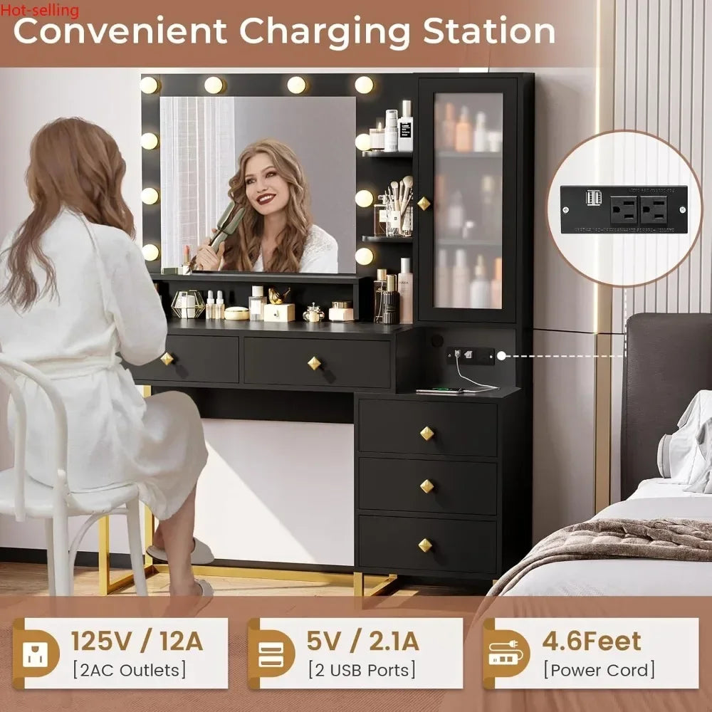 Ljustra Large Makeup Vanity with Lights Charging Station and Storage