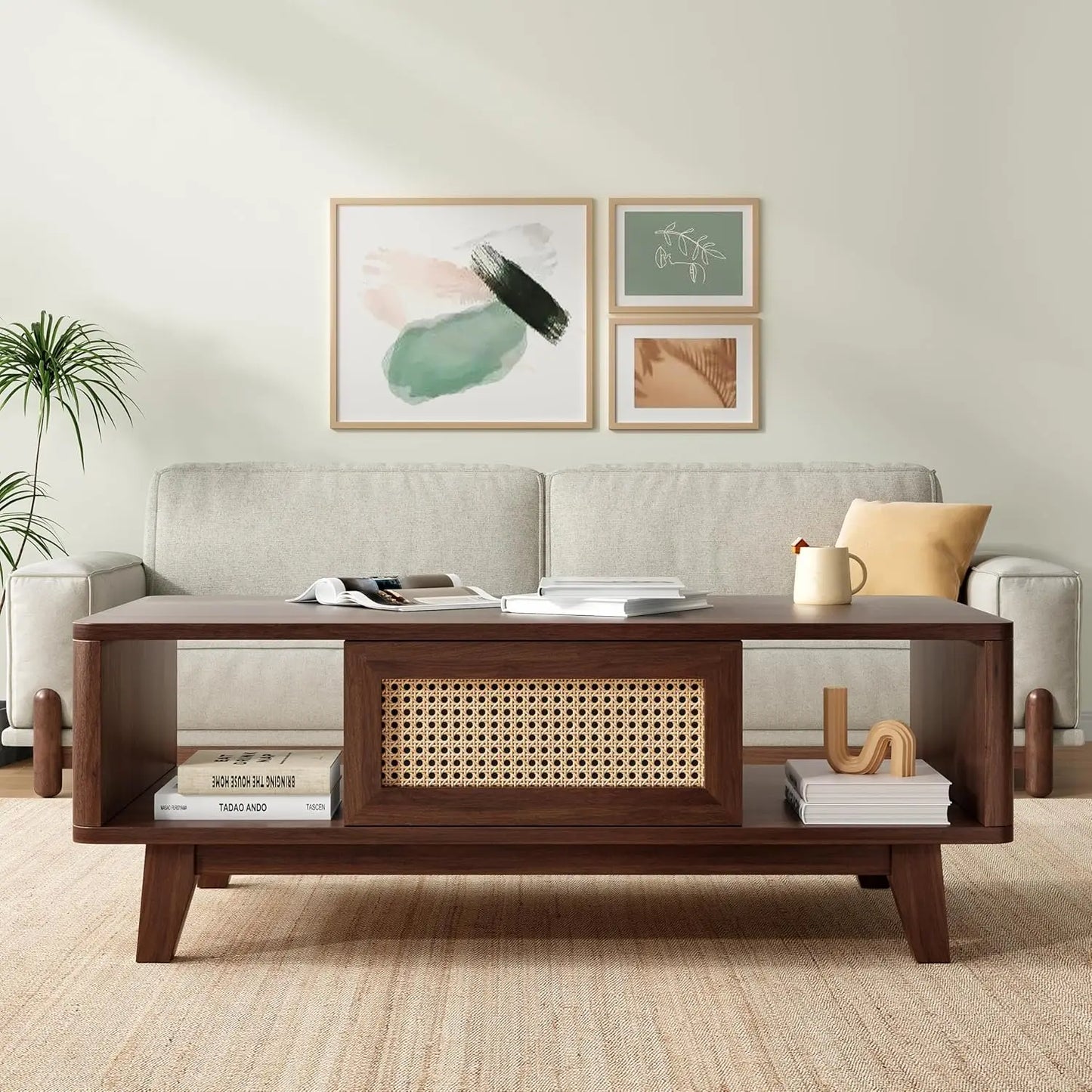 Mid Century Modern Coffee Table with Rattan Drawer for Living Room