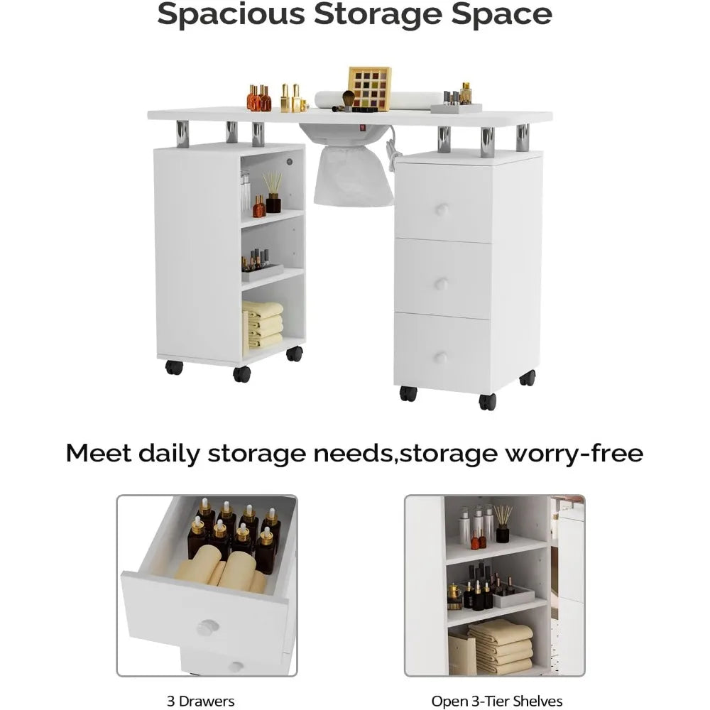 Manicure Table Nail Desk with Electric Downdraft Vent Lockable Wheels