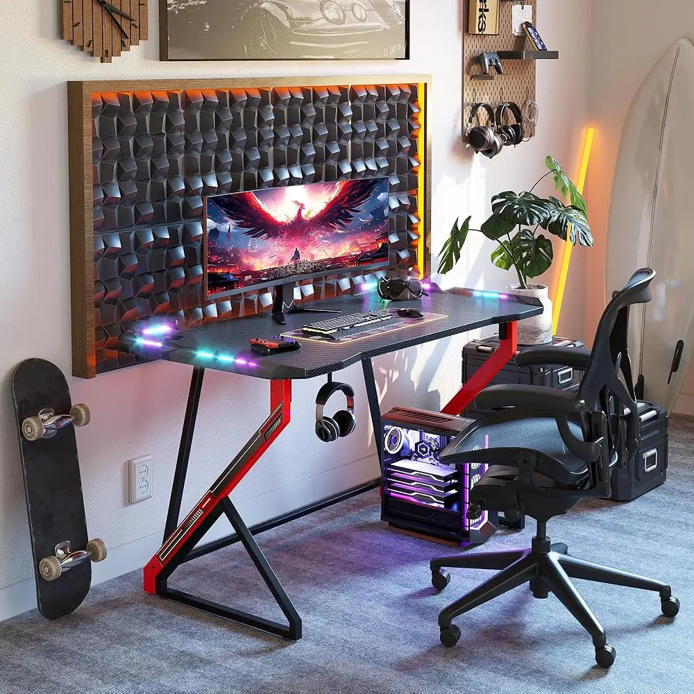 Gaming Desk With LED Lights Z Shaped Carbon Fiber Surface 40H Workstation