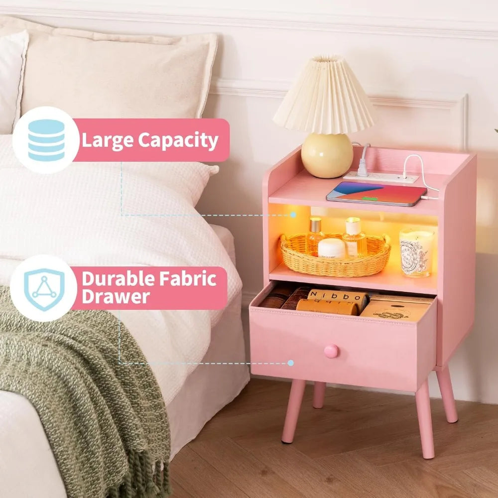 Nightstand with Charging Station LED Lights Modern Bedroom Furniture