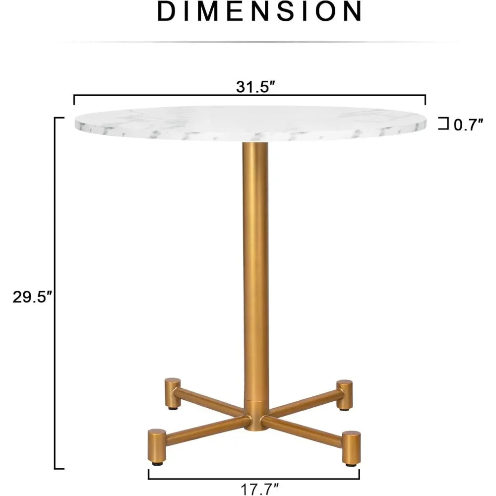 31.5 Inch Round Dining Table White Faux Marble Top Golden Legs Modern