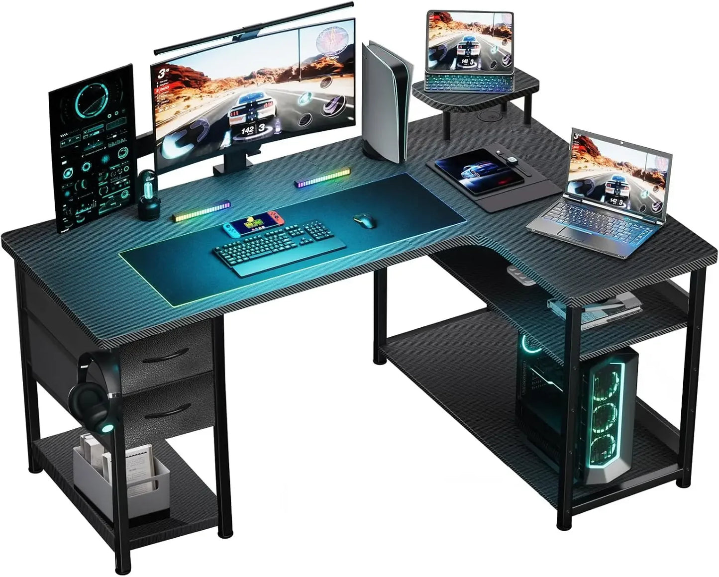Gaming Desk L-Shaped Computer Desk with Drawers Monitor Arm Compatible