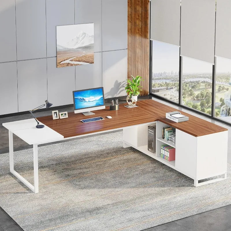L-Shaped Executive Desk with File Cabinet Home Office Storage Solution