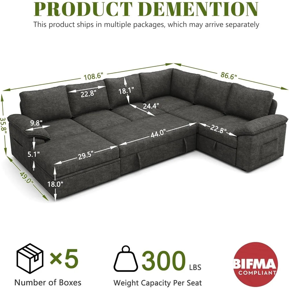 108 Inch Sectional Sleeper Sofa U Shaped Modular Couch with Storage