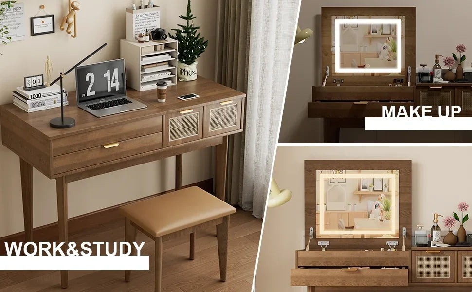 Ljustra LED Lighted Vanity Desk with Openable Mirror and Storage Stool