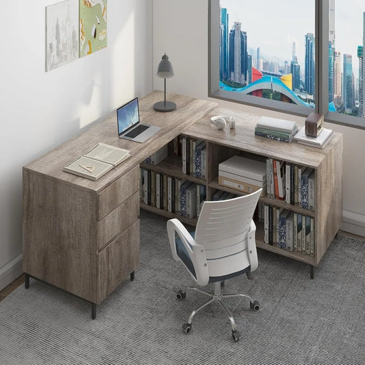Home Office Corner Desk L Shaped Writing Desk with 3 Drawers and 4 Shelves