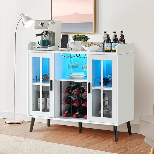 LED Wine Bar Cabinet with Storage Coffee Bar and USB Outlets