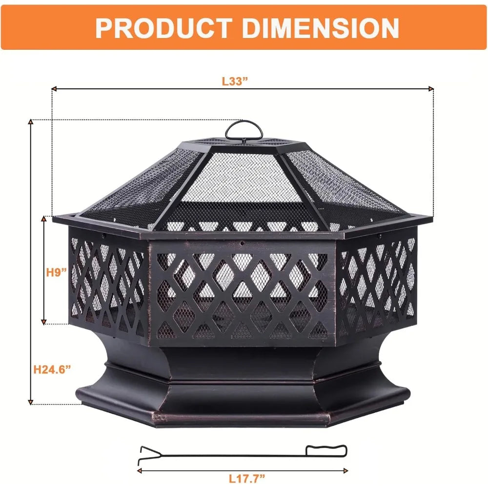 Outdoor Fire Pit Hexagon Wood Burning Patio Bonfire 33 Inch