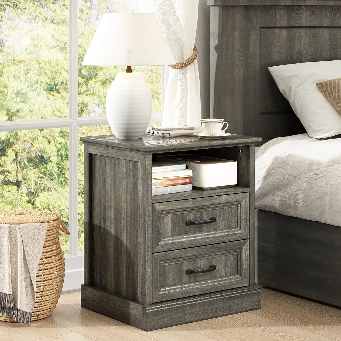 20 Inch Farmhouse Nightstand End Table with Drawers and Open Storage