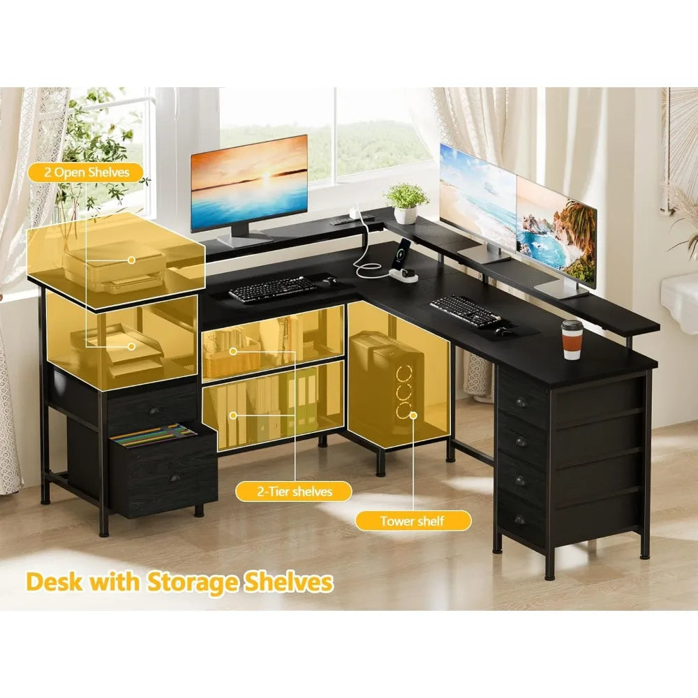 66" L Shaped Gaming Desk with 6 Drawers Power Outlets LED Light