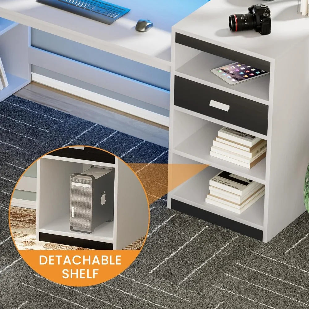 L Shaped White Computer Desk with Drawers Storage Shelves Home Office