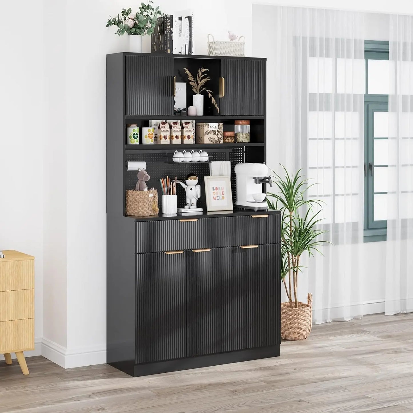 Kitchen Pantry Cabinet with Countertop Power Outlet Adjustable Shelves