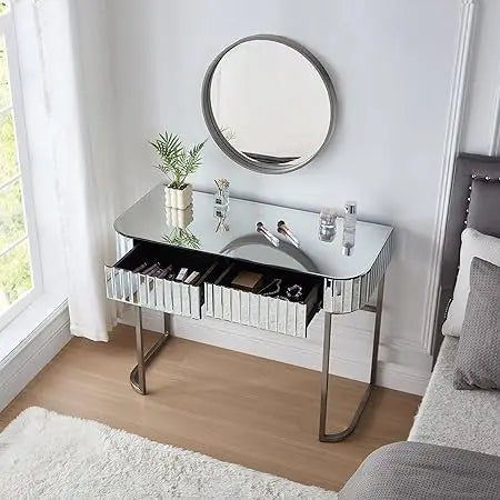 39 Inch Mirrored Makeup Vanity Desk with Stainless Steel Base and Drawers