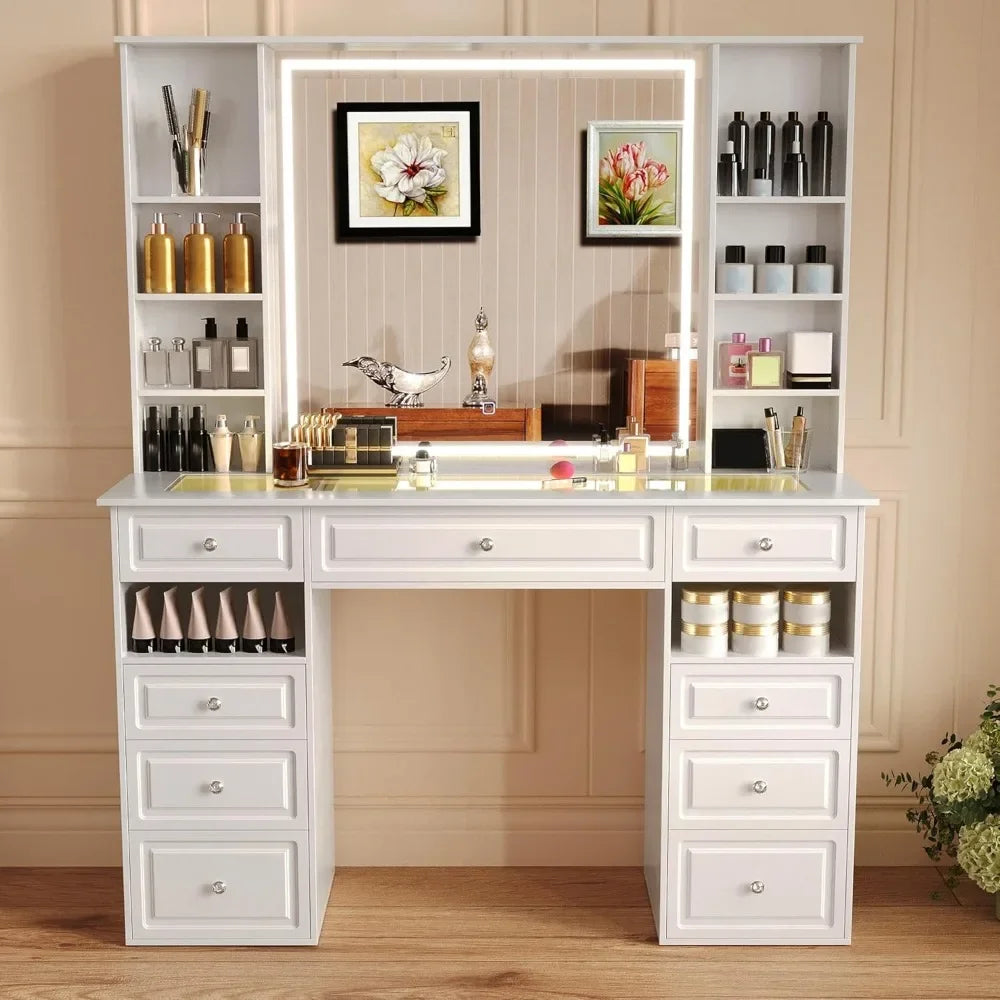 Ljustra Vanity Desk with Mirror and Lights 9 Drawers Dressing Table