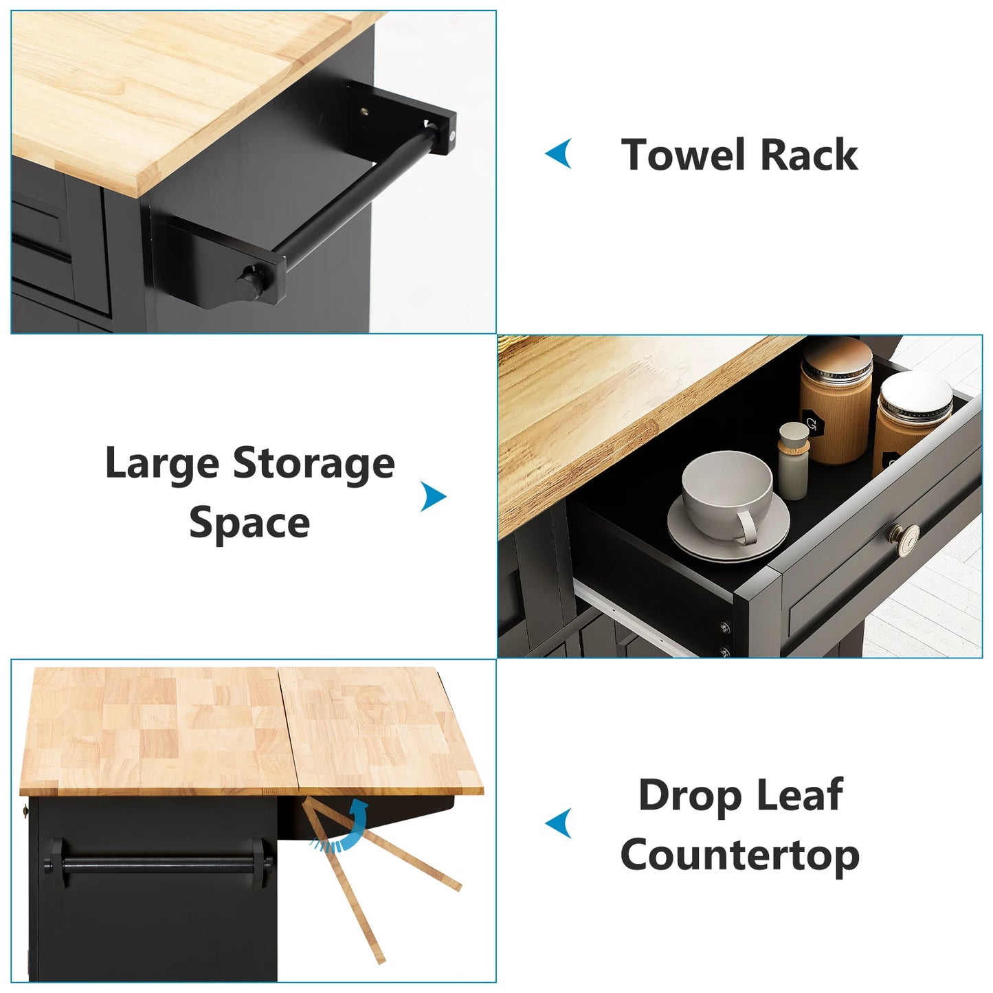 Rolling Kitchen Island on Wheels with Drop Leaf Storage Cabinet