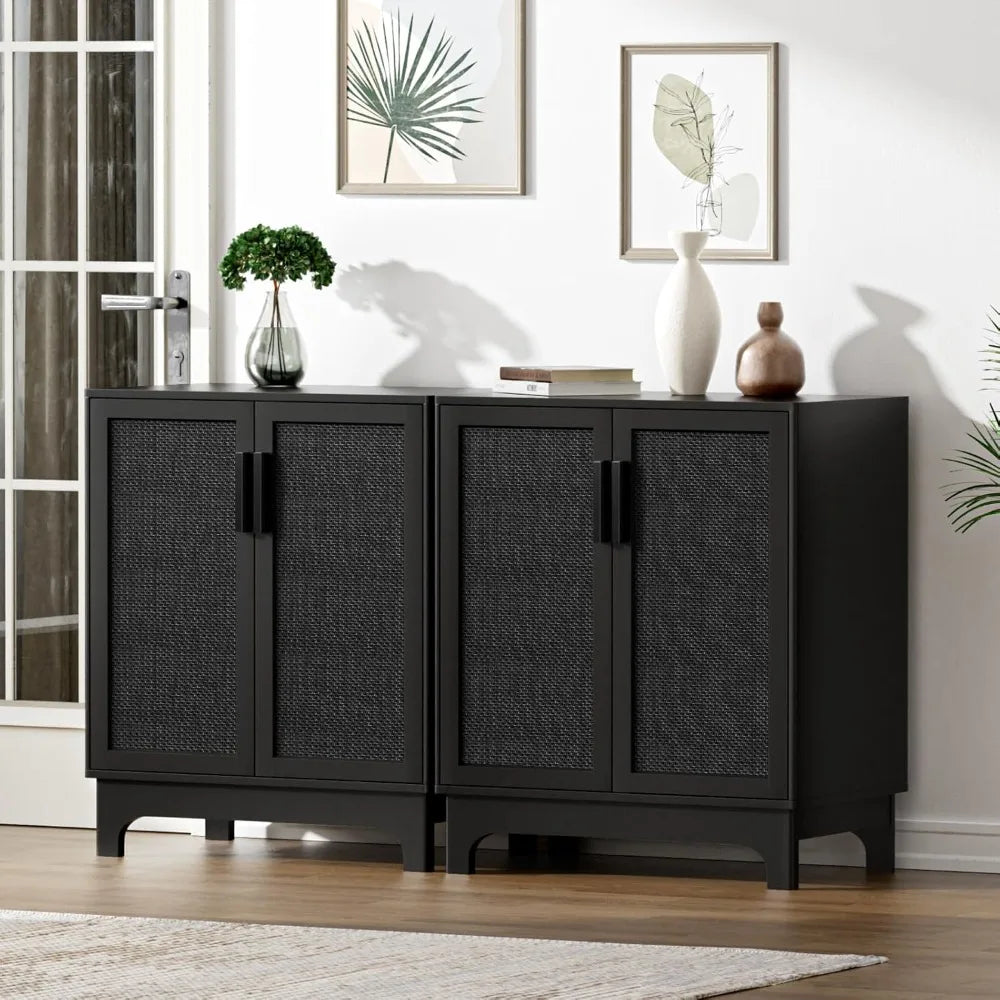 Black Rattan Storage Cabinet 2 Doors Adjustable Shelf Entryway Buffet