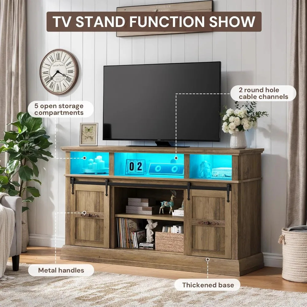 Ljustra Sideboard Buffet Cabinet 58" with LED Lights Sliding Barn Doors