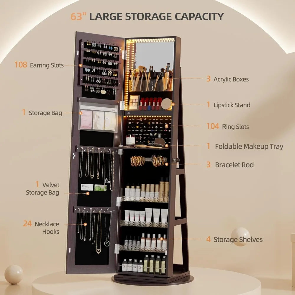 360 Degree Swivel Jewelry Cabinet Full Length Mirror Storage Organizer