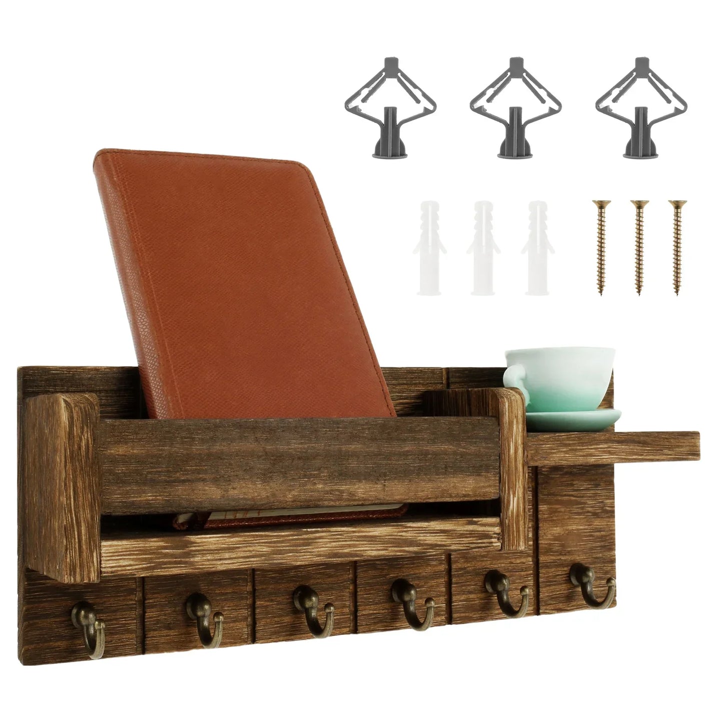 Wall Mounted Mail Organizer Key Holder with Shelf Hooks for Entryway